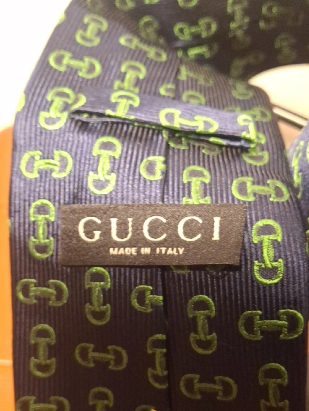 Gucci Navy Silk Tie with Green Interlocking Pattern